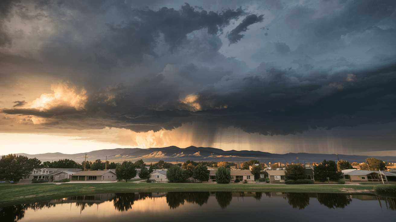 A dramatic Albuquerque summer monsoon storm building over the Sandia Mountains at sunset, with golden light breaking through dark storm clouds above a quiet residential neighborhood in the Northeast Heights