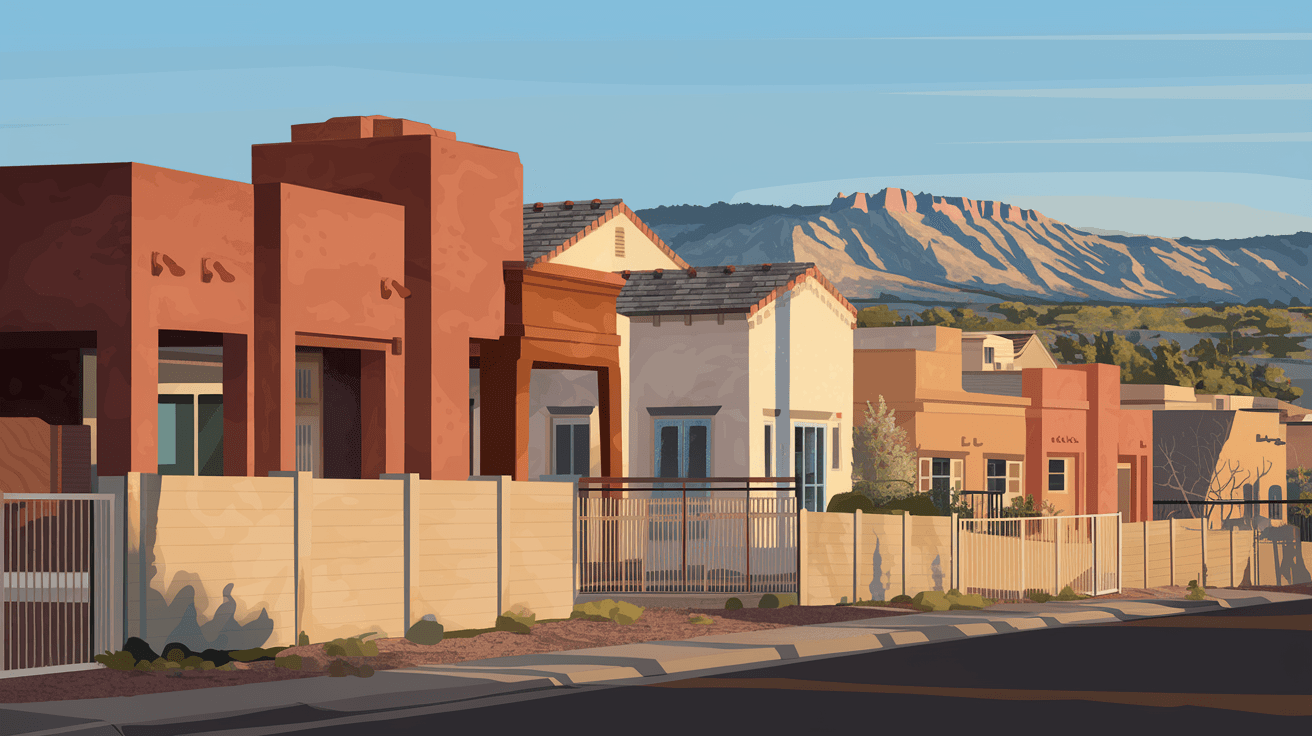 A row of newer stucco homes on Albuquerque's West Mesa with a concrete-lined arroyo channel running behind the back fences, photographed on a clear afternoon with the Sandia Mountains in the distance