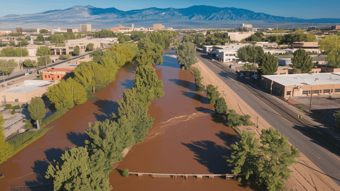 Aerial view of an Albuquerque arroyo running full with brown floodwater during a summer monsoon storm, with the West Mesa and Sandia Mountains visible in the background