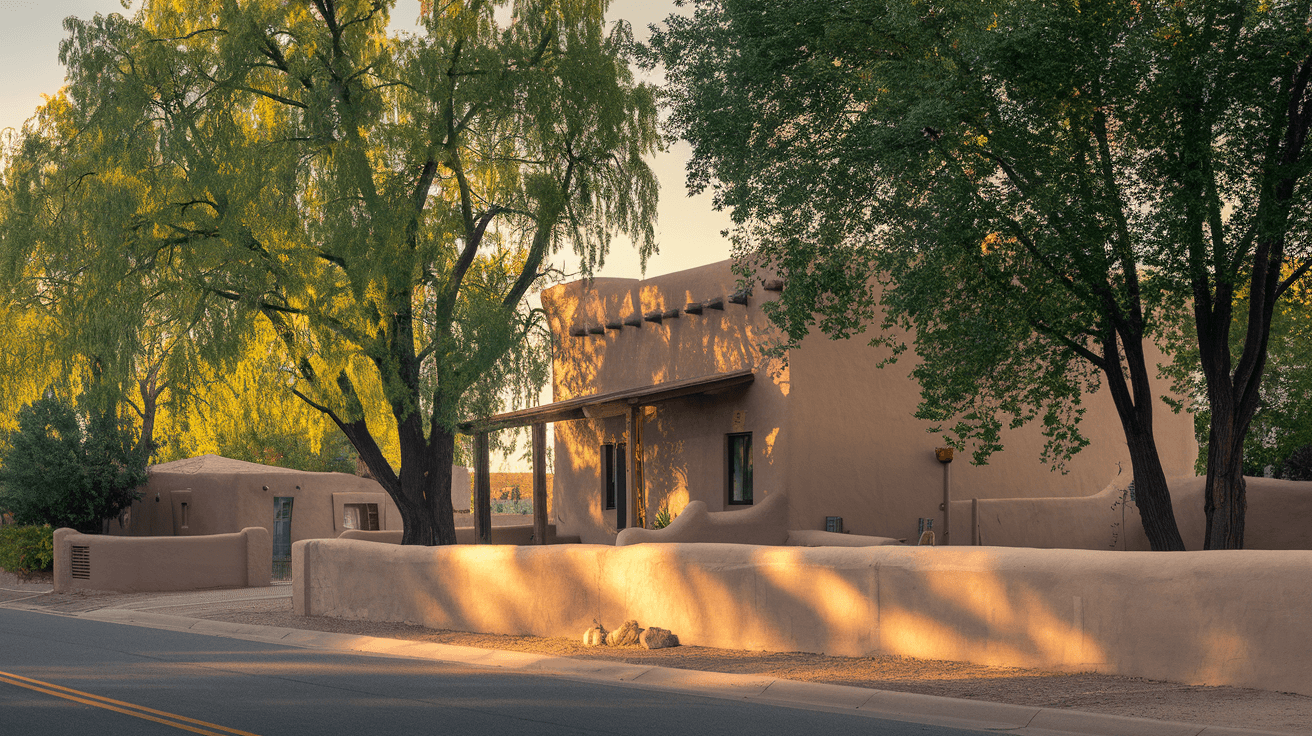 A sun-drenched adobe duplex in Albuquerque's South Valley with a detached casita visible in the background, surrounded by mature cottonwood trees and a traditional low adobe wall along the street