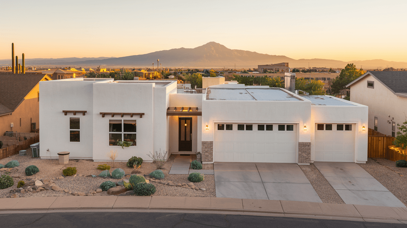 A newer-construction duplex in Northwest Albuquerque near the Cottonwood area with the Sandia Mountains visible in the distance at golden hour, featuring a two-car garage and desert landscaping