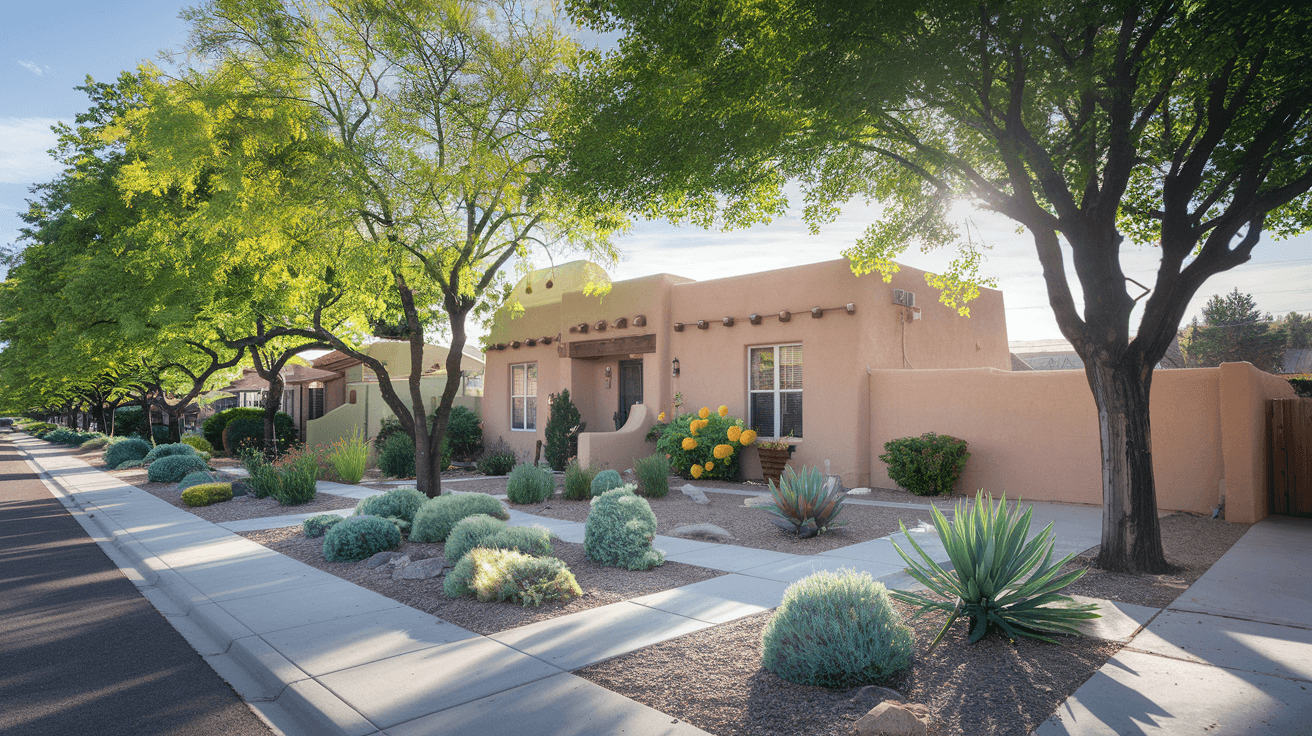 A well-maintained duplex property on a tree-lined street in the South Valley neighborhood of Albuquerque, with traditional adobe-style architecture and a xeriscaped front yard under a bright New Mexico sky