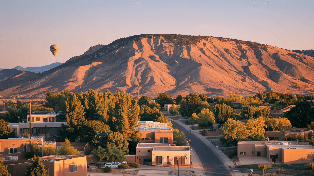 A golden-hour aerial view of the Sandia Mountains rising above an Albuquerque neighborhood, with adobe-style homes visible in the foreground and a hot air balloon drifting in the warm sky above the ridge