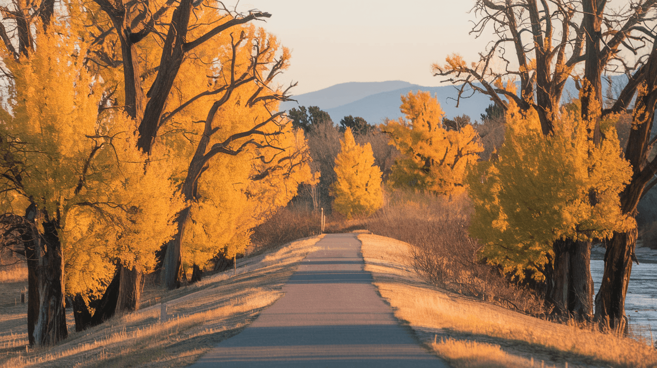 A wide paved trail through the Rio Grande Bosque lined with tall golden cottonwood trees in autumn, the river visible through the trees and the Sandia Mountains faintly visible on the horizon
