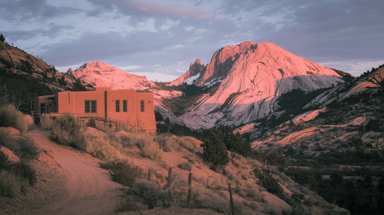 Golden hour view of the Sandia Mountains rising above an adobe-style home in Albuquerque's foothills, with a dirt trail visible in the foreground and a warm pink alpenglow on the granite peaks