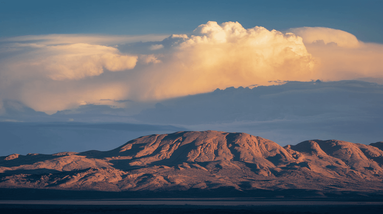 Wide-angle view of the Sandia Mountains at dawn in July, with monsoon clouds beginning to build on the eastern ridge and golden light washing across the rocky foothills