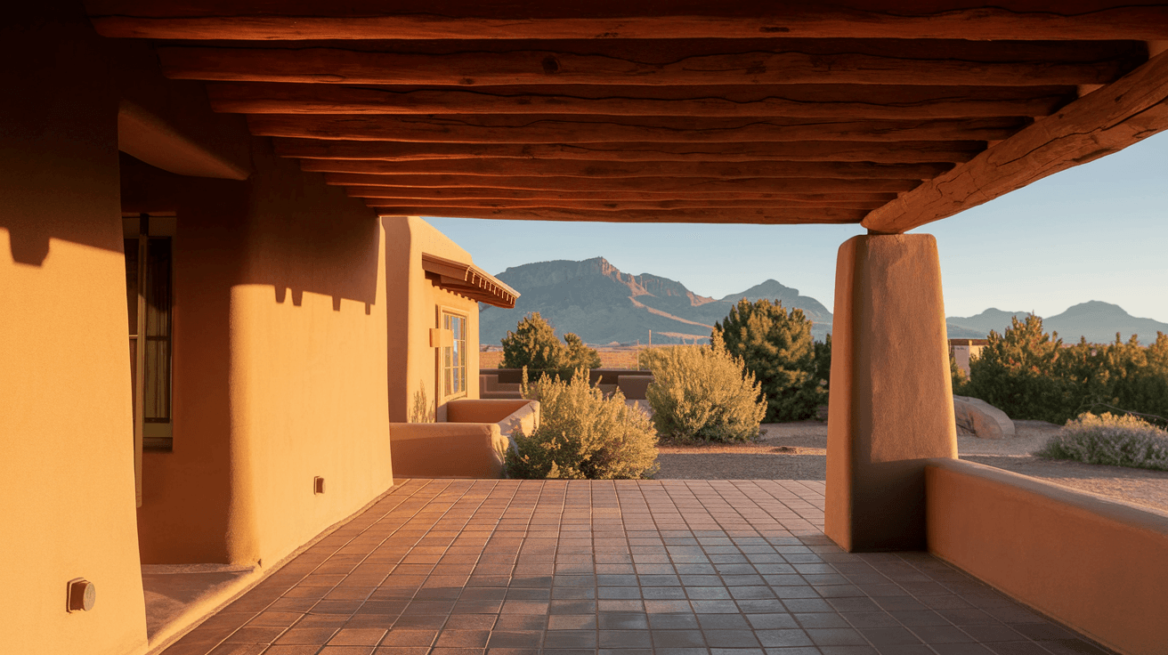 A covered portale on a High Desert Albuquerque adobe home with Sandia Mountain views at golden hour, terracotta tile flooring and a wood-beamed ceiling overhead