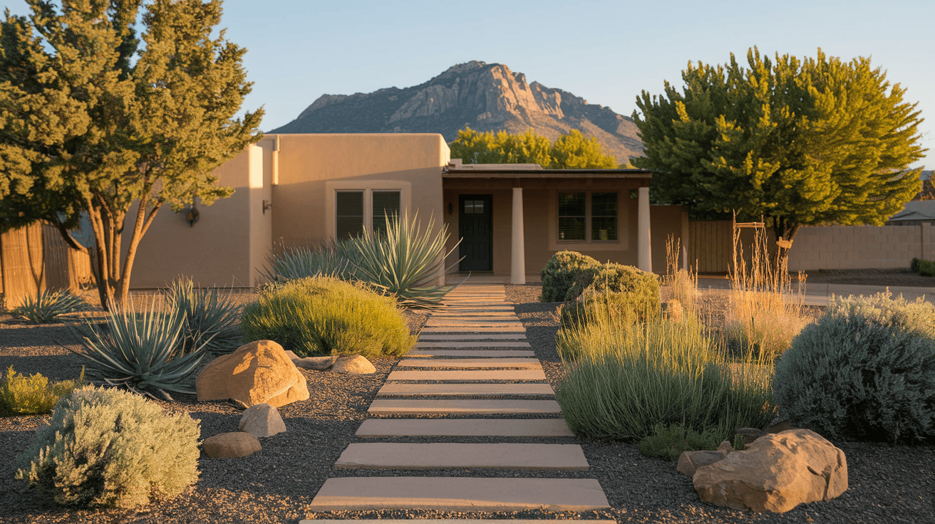 A professionally xeriscaped front yard in Albuquerque's High Desert neighborhood featuring native plantings, decomposed granite paths, and Sandia Mountain backdrop in late afternoon light