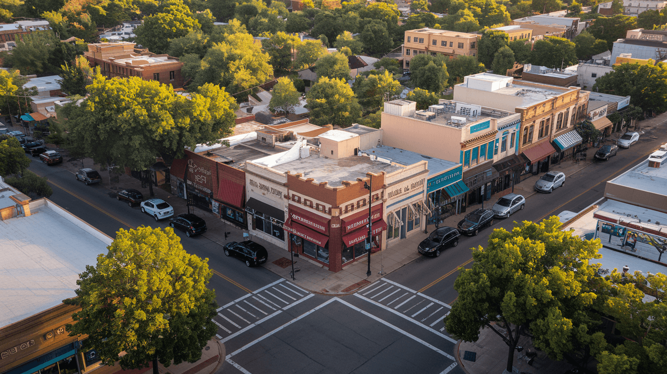 Aerial view of Nob Hill neighborhood along Central Avenue in Albuquerque, NM, showing walkable streets, eclectic storefronts, and mature tree canopy in warm afternoon light
