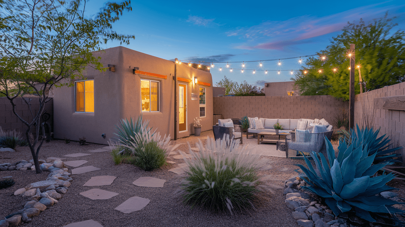 A sunlit Nob Hill backyard with a small adobe casita, desert landscaping with native plants, and string lights above a patio seating area at dusk