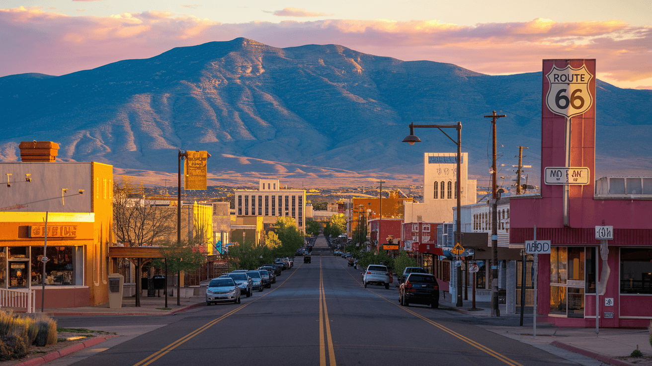 Aerial view of Albuquerque's Central Avenue corridor at golden hour, with the Sandia Mountains glowing pink in the background and mid-century commercial buildings lining the historic Route 66 strip