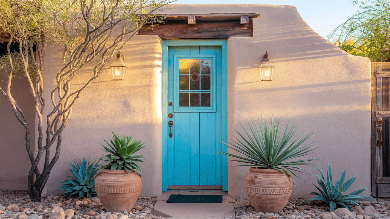 A charming single-story adobe casita with a painted turquoise door, terracotta pots filled with desert plants, and warm afternoon light casting long shadows across a Albuquerque courtyard, suggesting a short-term rental property