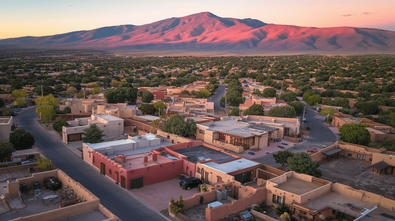 Aerial view of a traditional adobe neighborhood in Albuquerque with the Sandia Mountains glowing pink at sunset in the background, showcasing the residential character of the city's historic districts
