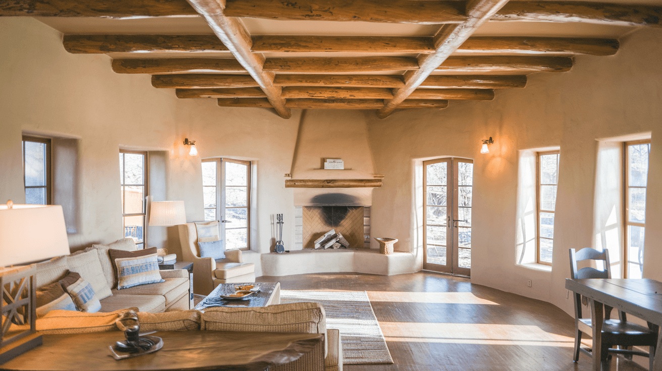 A bright and airy short-term rental living room interior with Southwestern design elements, exposed wood vigas on the ceiling, a kiva fireplace in the corner, and natural light streaming through deep-set adobe windows
