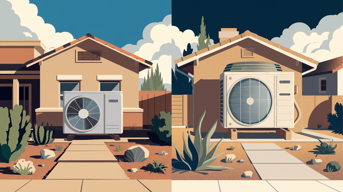 Side-by-side view of a modern refrigerated air condenser unit and a traditional rooftop swamp cooler on adjacent Albuquerque homes, late afternoon desert light