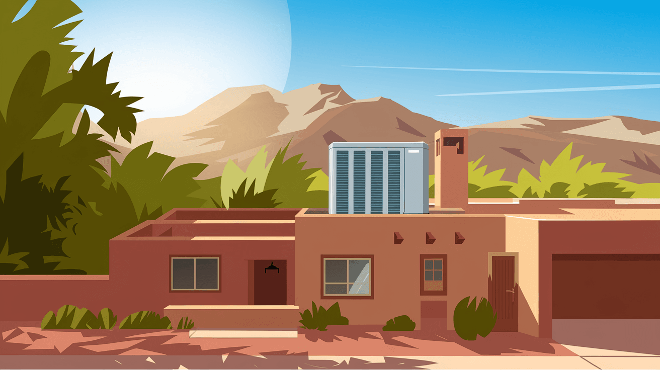 A rooftop evaporative cooler unit on an adobe-style Albuquerque home with the Sandia Mountains visible in the background under a bright June sky