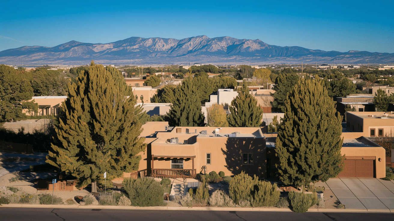 Aerial view of an Albuquerque neighborhood with adobe-style homes, mature cottonwood trees, and the Sandia Mountains rising in the background under a clear blue high desert sky