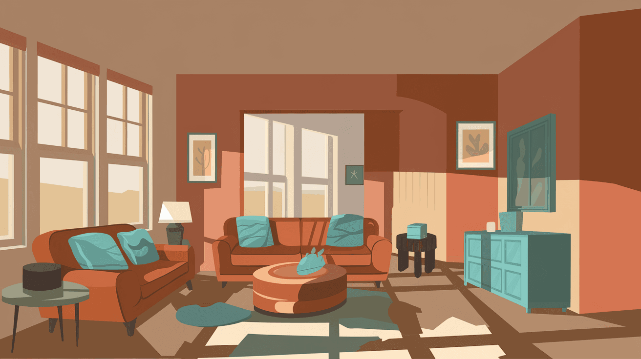 A cozy, well-staged living room interior of an Albuquerque investment property with warm Southwestern decor, large windows, and natural light suggesting a welcoming short-term rental space
