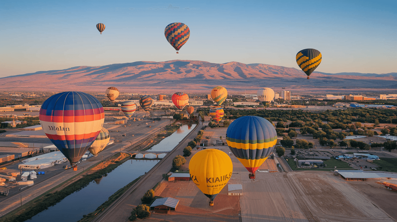 Aerial view of colorful hot air balloons rising over Albuquerque's North Valley at dawn, with the Sandia Mountains glowing pink in the background and the Rio Grande visible below