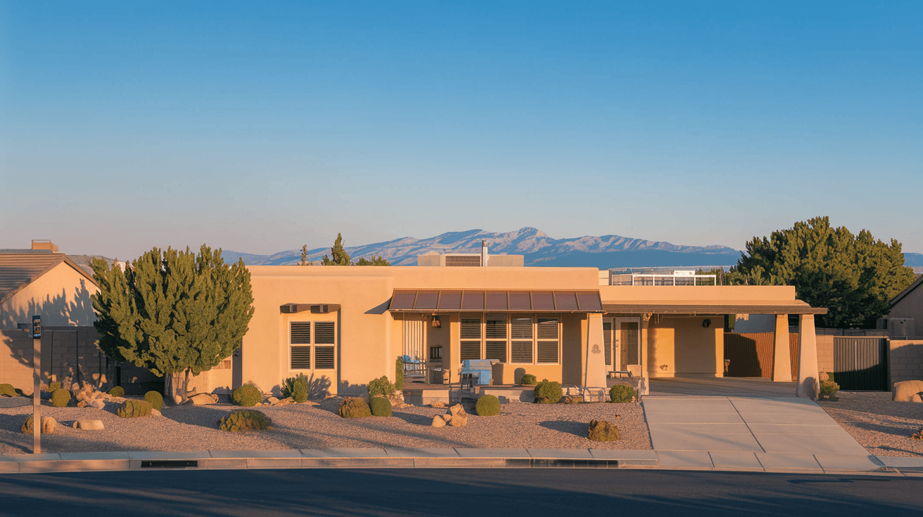 A well-maintained single-family home in Albuquerque's Northeast Heights with a covered patio, desert landscaping, and the Sandia Mountains visible in the distance under a clear blue sky