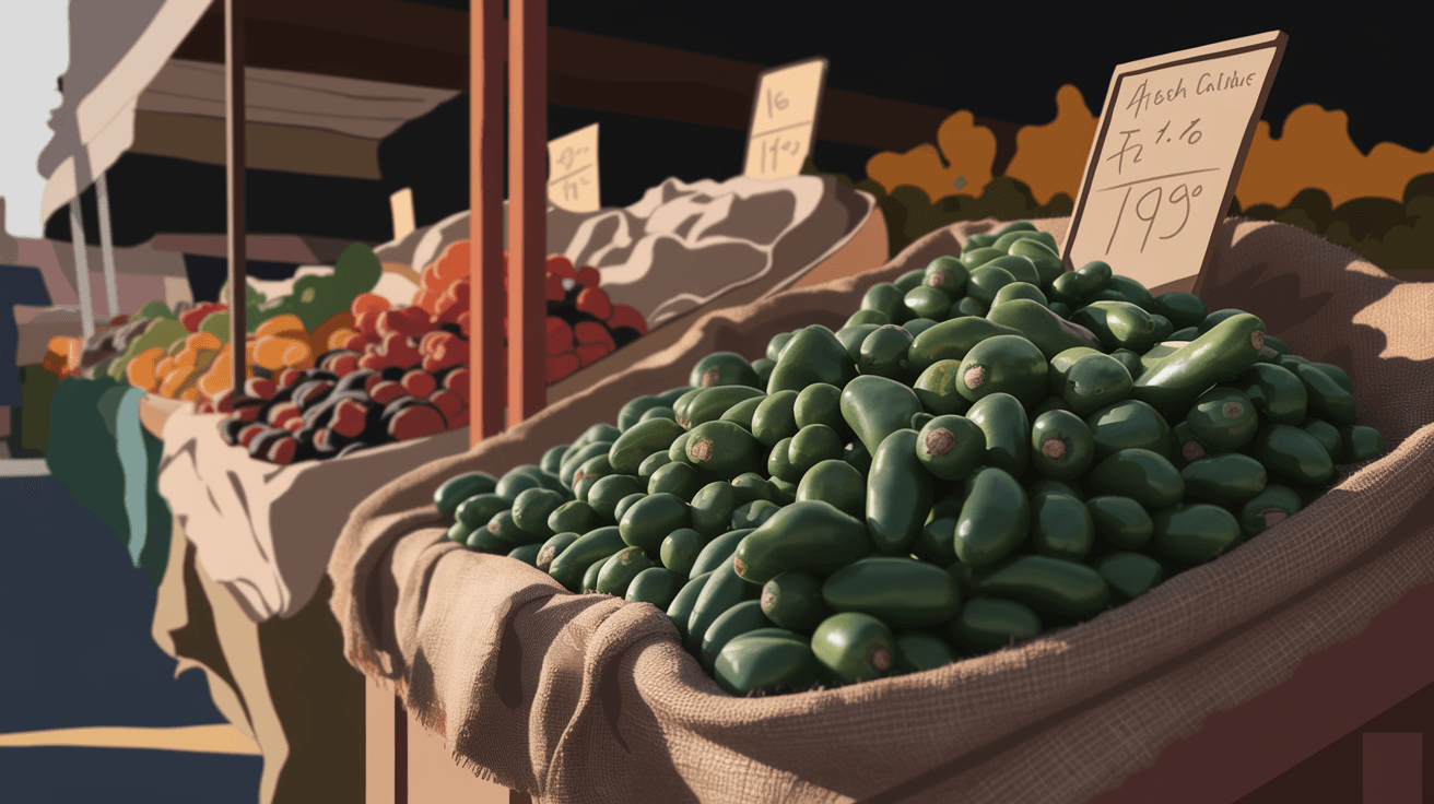 A freshly roasted green chile display at an Albuquerque farmers market in autumn, with burlap sacks and handwritten price signs, warm golden morning light across the scene
