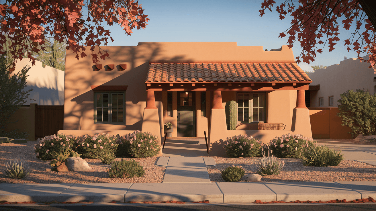 A charming adobe-style home in an Albuquerque residential neighborhood in autumn, with a terracotta-tiled portal, flowering desert landscaping, and warm afternoon light casting long shadows across the front yard
