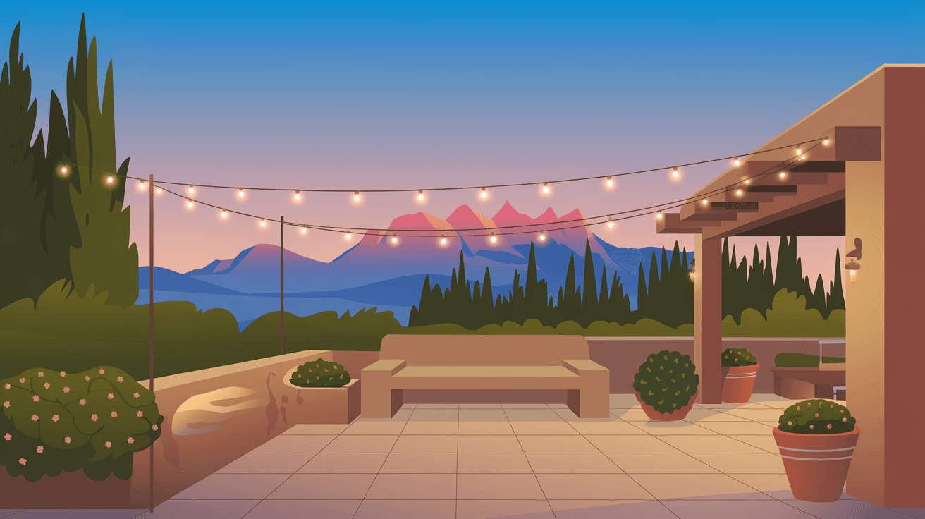 A beautifully staged outdoor patio of an Albuquerque home at dusk, with string lights, terracotta pots, and a clear view of the Sandia Mountains turning pink in the evening sky