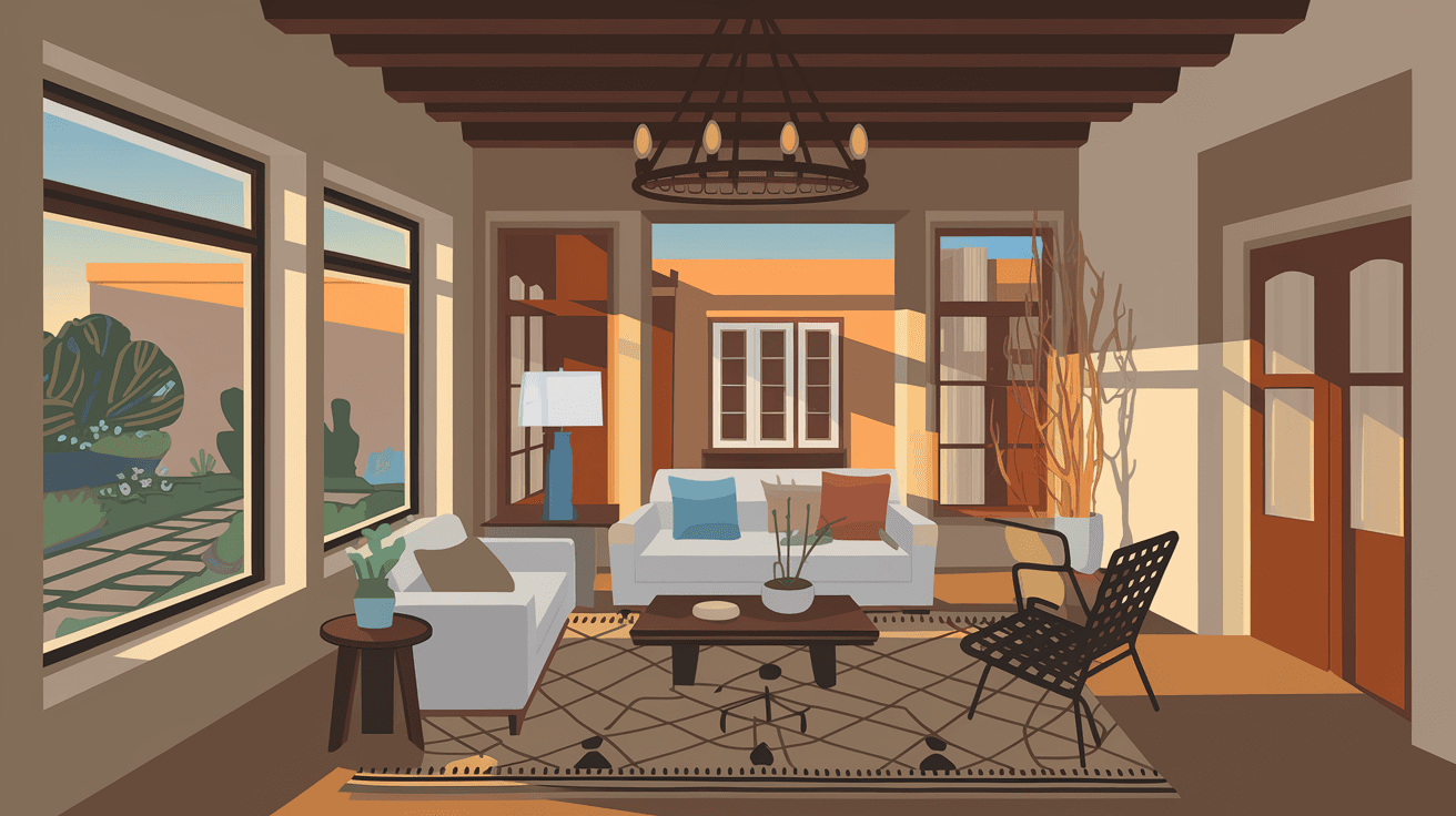A well-staged Albuquerque home interior with warm afternoon light streaming through large windows, Southwestern design elements, clean modern furnishings, and a view of a drought-tolerant landscaped backyard