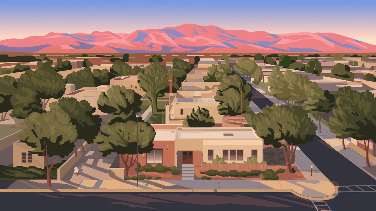Aerial view of an Albuquerque residential neighborhood at golden hour, Sandia Mountains glowing pink in the background, tree-lined streets with adobe and stucco homes visible below