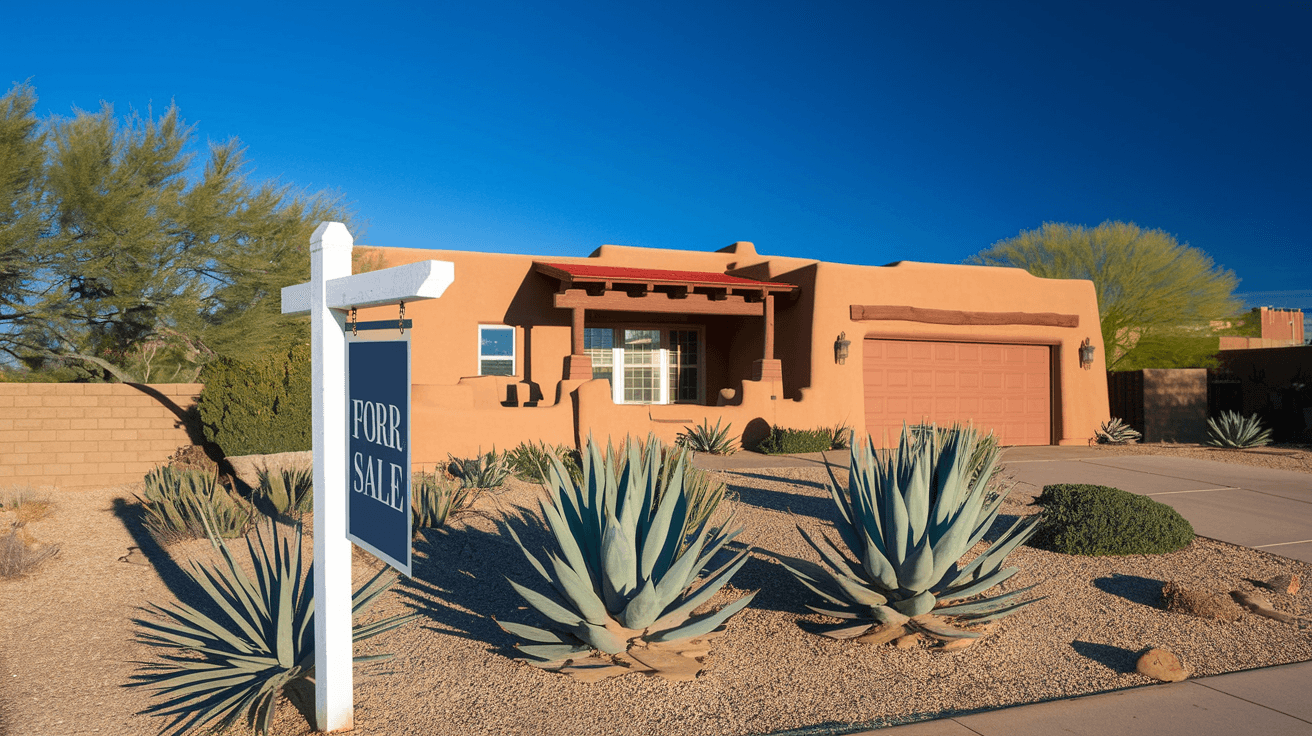 A well-maintained adobe-style home with a for-sale sign in front, desert landscaping with agave and palo verde trees, and a clear blue New Mexico sky overhead