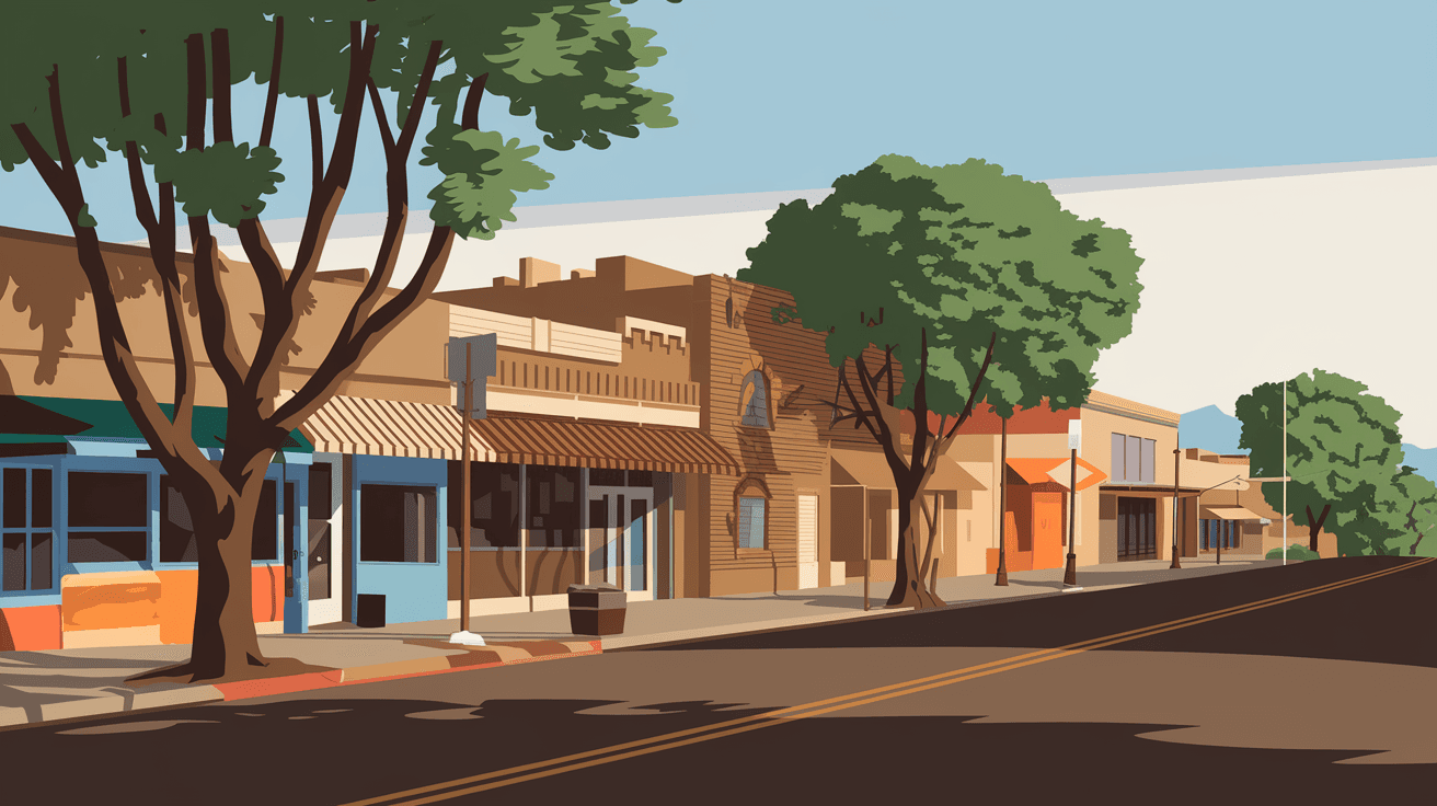 A wide-angle view of Nob Hill's Central Avenue corridor in Albuquerque with eclectic storefronts, mature street trees, and a mix of mid-century and adobe architecture under warm afternoon light
