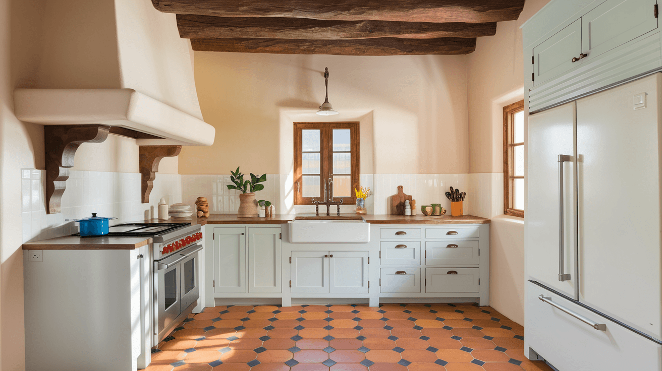 A bright, freshly renovated kitchen inside an Albuquerque adobe home with Saltillo tile floors, white cabinetry, a farmhouse sink, and warm natural light coming through a single window