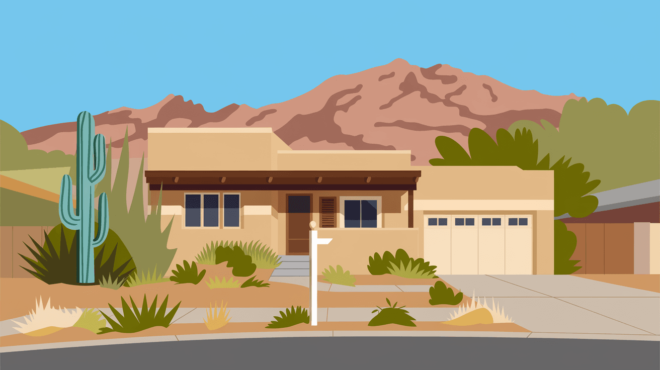 A sun-faded 1950s adobe home in an Albuquerque established neighborhood with a for-sale sign, overgrown desert landscaping in the front yard, and the Sandia Mountains visible in the background under a clear blue sky