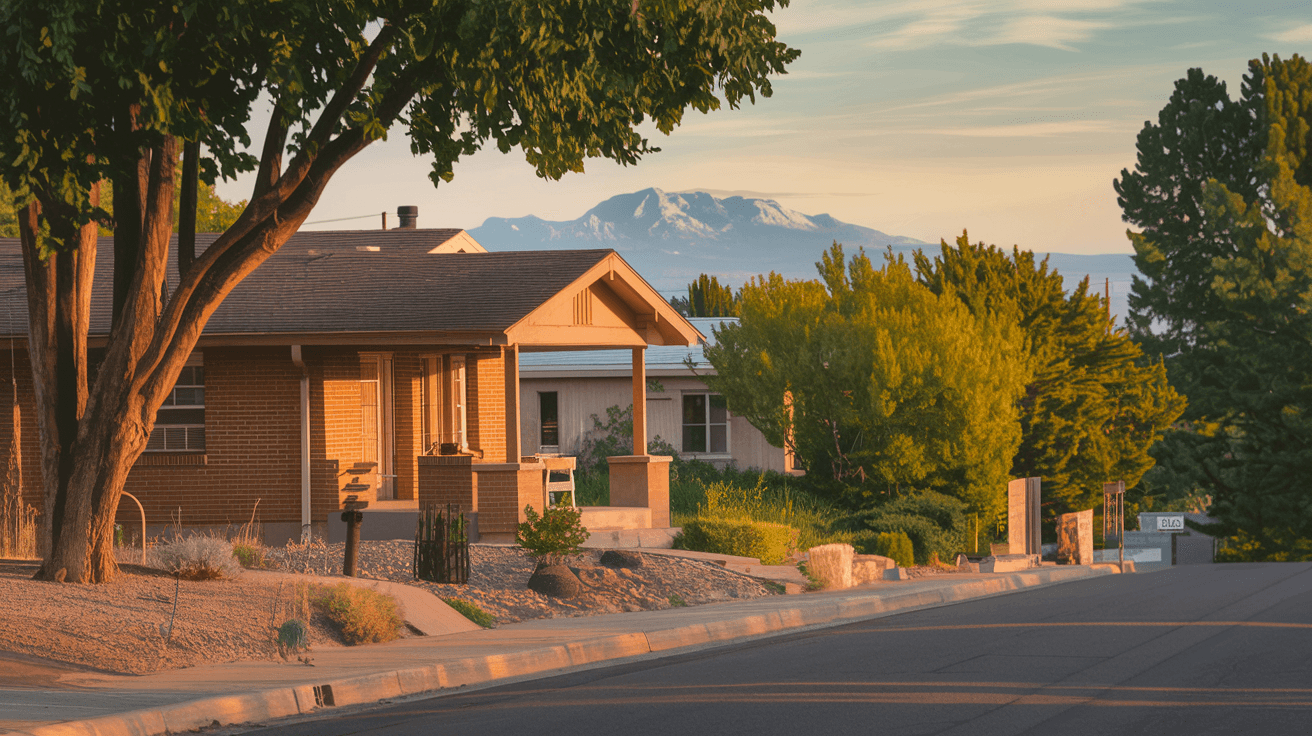 A quiet tree-lined residential street in Albuquerque's Nob Hill neighborhood, featuring a 1950s brick bungalow with a xeriscaped front yard, a covered portal, and the Sandia Mountains visible in the distance under a golden late-afternoon sky