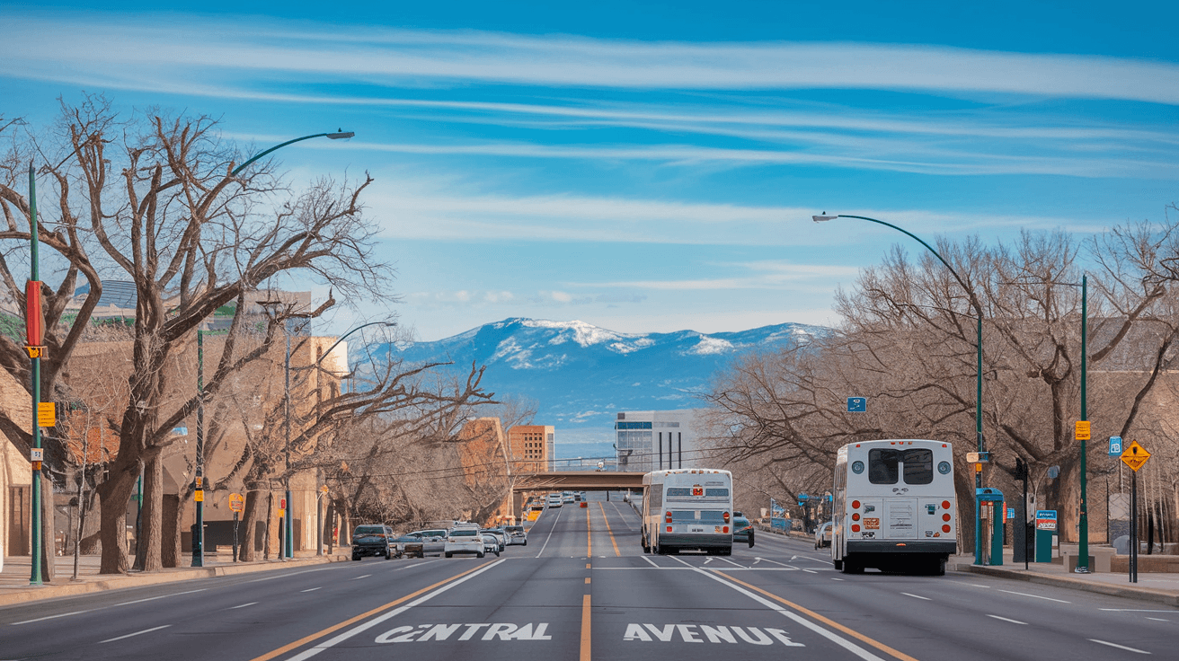 Aerial view of Central Avenue in Albuquerque looking west toward Downtown, showing the ART bus rapid transit lane, mature street trees, and the Sandia Mountains visible on the horizon under a clear blue sky