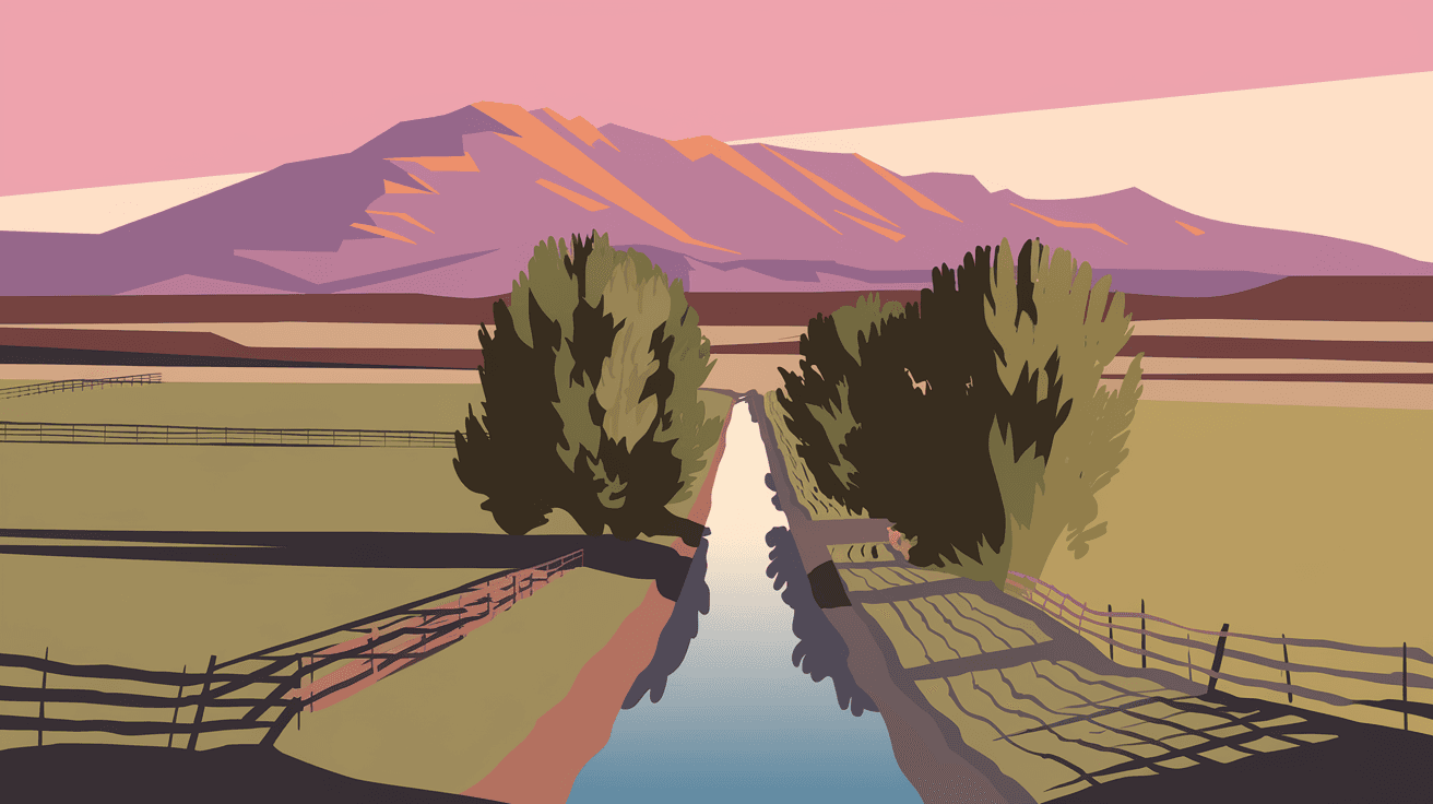 A wide-angle view of a Corrales, New Mexico property with horse pastures in the foreground, an acequia irrigation ditch lined with cottonwood trees, and the Sandia Mountains glowing at sunset in the distance