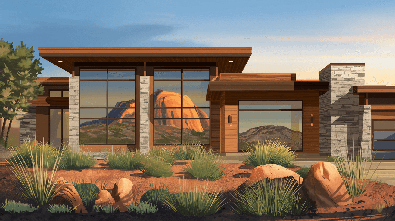 A mule deer standing at the edge of a desert landscaped backyard in the Albuquerque foothills with the Sandia Mountains visible in the background at dusk