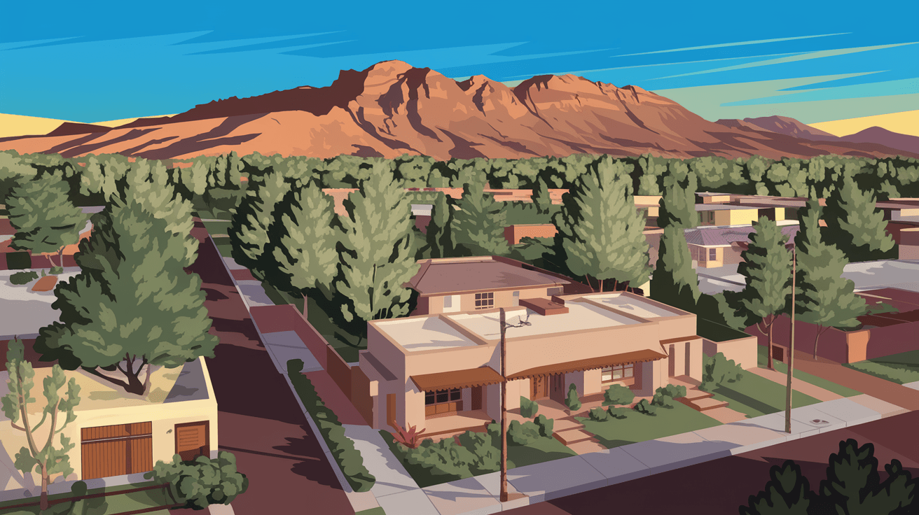 Aerial view of a well-established Northeast Heights Albuquerque neighborhood with tree-lined streets, single-story adobe-style homes, and the Sandia Mountains rising dramatically in the background under a vivid blue New Mexico sky