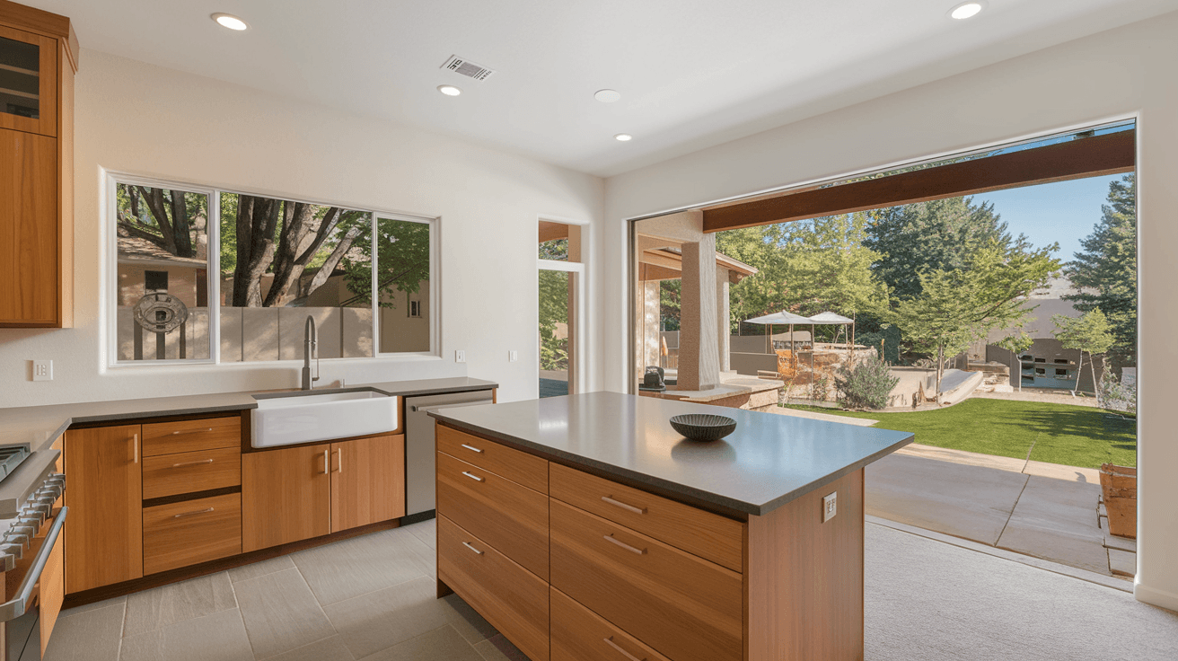 The interior of a recently updated Northeast Heights Albuquerque home showing an open-concept kitchen with quartz countertops, warm wood cabinetry, and a large window overlooking a private backyard with mature trees and a covered patio