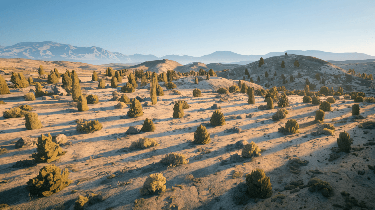 Aerial view of high desert terrain in the East Mountains near Albuquerque, showing juniper-dotted lots with no infrastructure, the Sandia Mountains visible in the background under a wide blue sky