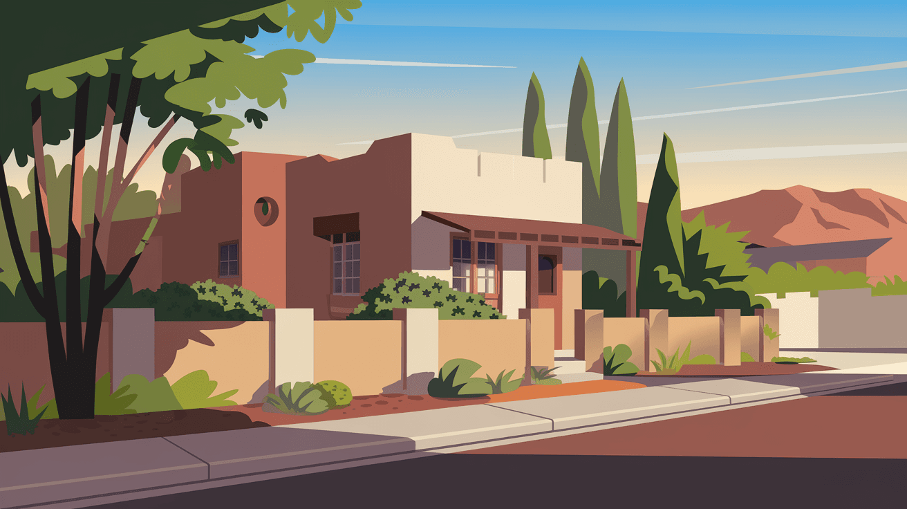 An older adobe home with a low stucco wall and mature landscaping on a quiet North Valley street in Albuquerque, warm afternoon light, Sandia Mountains visible in the background