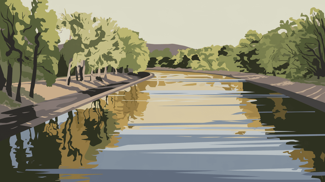 A wide, serene view of the Rio Grande from a levee path in Albuquerque's North Valley, cottonwood trees lining both banks, late afternoon golden light reflecting on the water