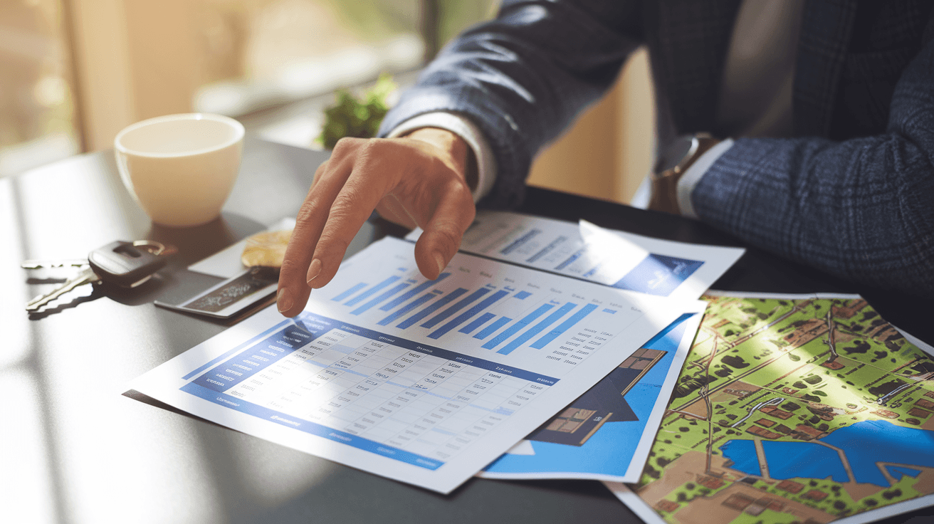 A property investor reviewing printed rental income spreadsheets and neighborhood maps spread across a table, with a cup of coffee and keys visible, in a warm and natural light setting