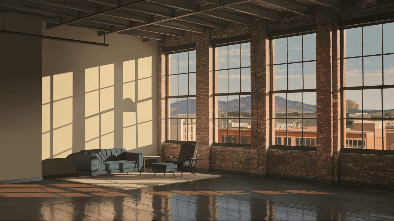 Sunlit loft condo interior in a converted historic building in downtown Albuquerque, showing exposed brick walls, polished concrete floors, tall industrial windows, and Sandia Mountain views in the distance