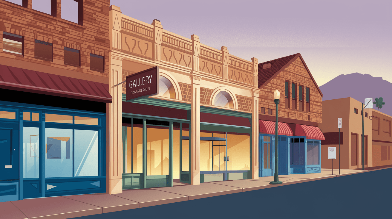 Street-level view of a renovated historic building facade in the EDo Arts District, with gallery signage, warm afternoon light, and the Sandia Mountains visible in the background