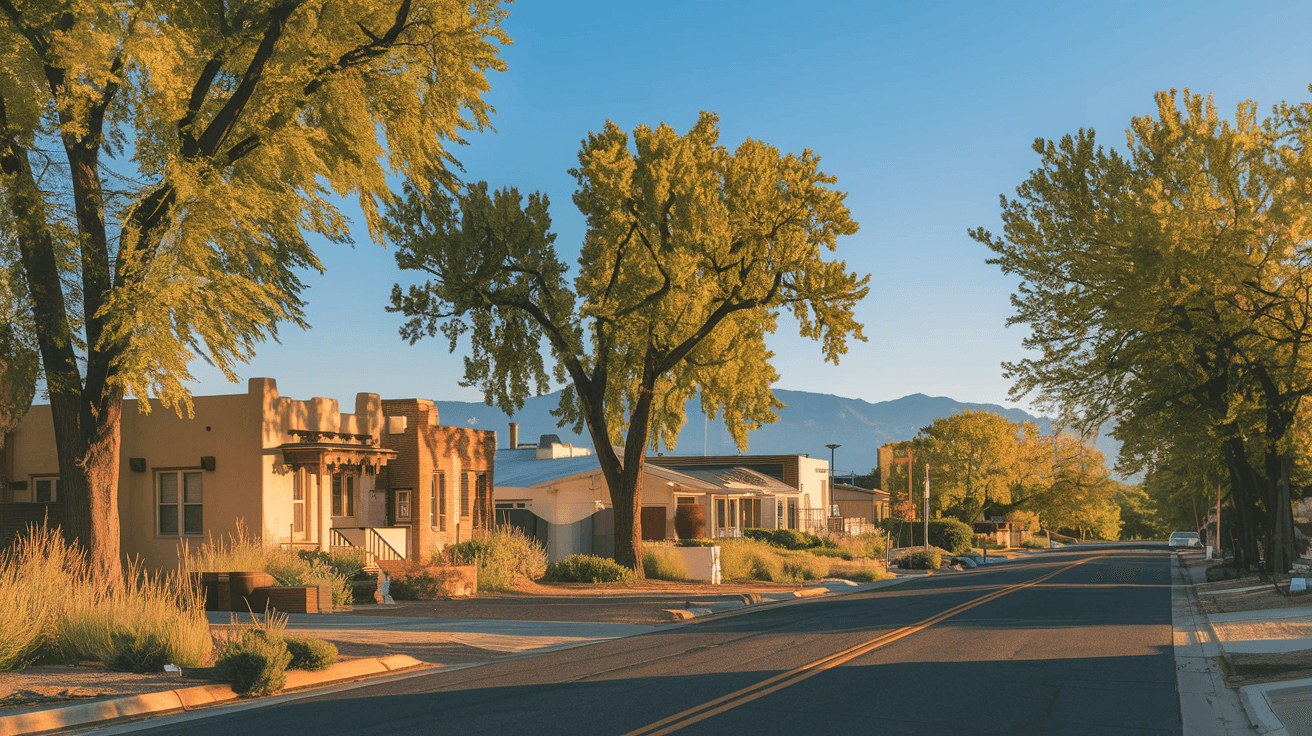 Interior of a renovated EDo Albuquerque loft with exposed brick walls, concrete floors, large industrial windows, and warm afternoon light casting long shadows across an open living space