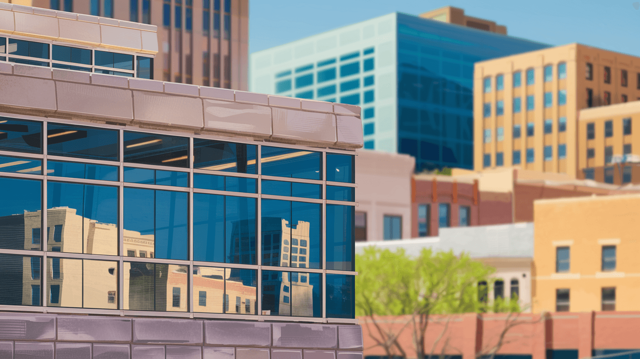 A quiet residential street in EDo Albuquerque lined with mature cottonwood trees, historic adobe and brick homes with xeriscaped front yards, and the Sandia Mountains visible at the end of the block in late afternoon light