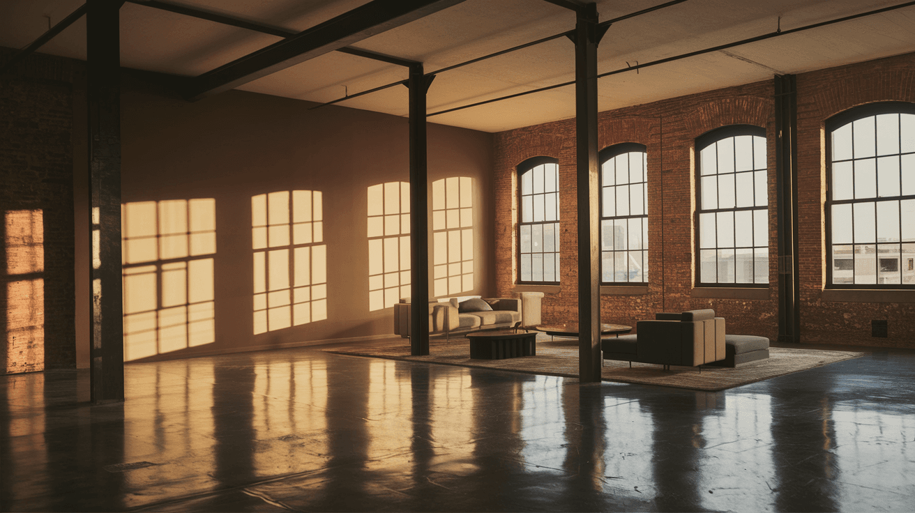 Aerial view of downtown Albuquerque at golden hour, showing the historic Kimo Theatre on Central Avenue, mixed-use brick buildings, and the Sandia Mountains glowing pink in the background