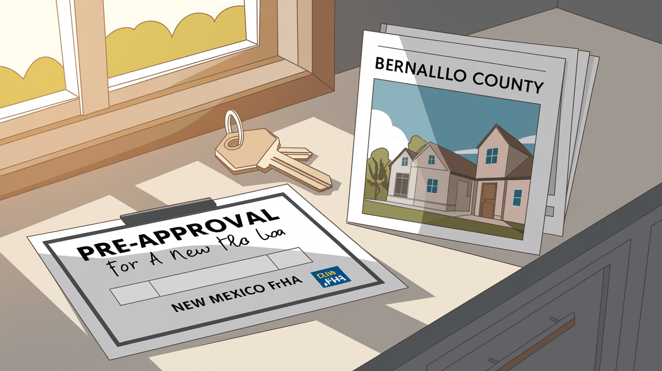 A New Mexico FHA loan pre-approval document resting on a kitchen counter beside house keys and a Bernalillo County property listing printout