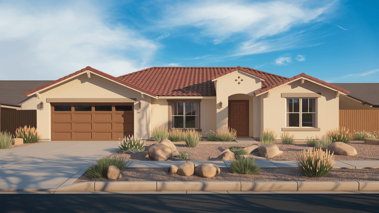 A well-maintained 1980s ranch-style home in Albuquerque's Taylor Ranch neighborhood with a desert-landscaped front yard and blue New Mexico sky overhead